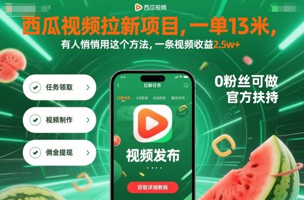 西瓜视频拉新项目,一单13米,有人悄悄用这个方法,一条视频收益2.5w+(附详细教程) 西瓜视频拉新项目,一单13米,有人悄悄用这个方法,一条视频收益2.5w+(附详细教程)